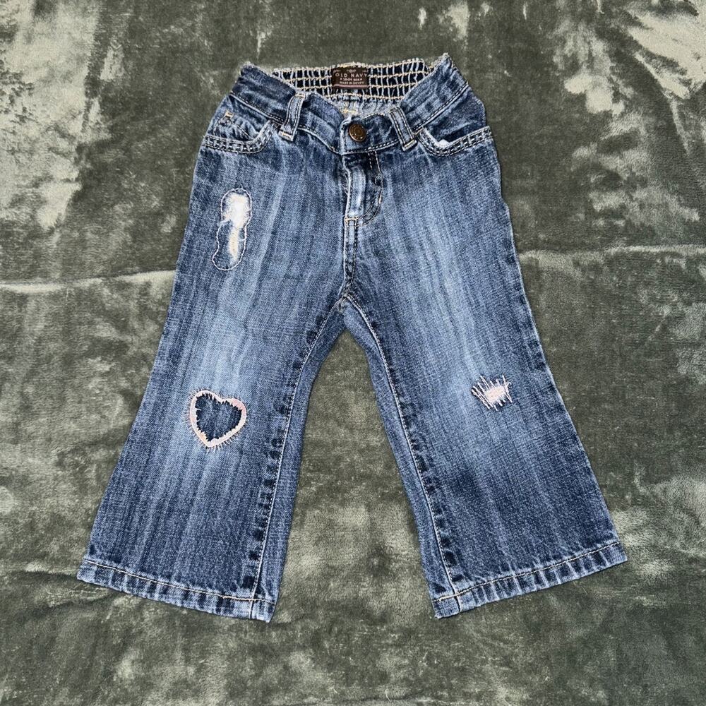 Old Navy Jeans Girls 18-24M Blue Denim Cotton Distressed Patch Embroidered Heart